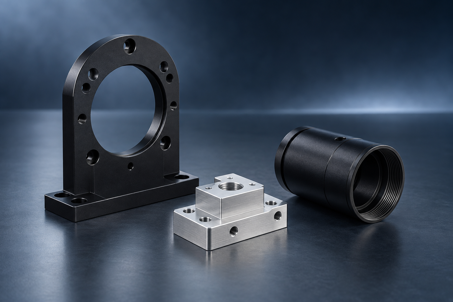Concept rendering of a black anodized mounting plate, a silver mounting block and a cylindrical adapter